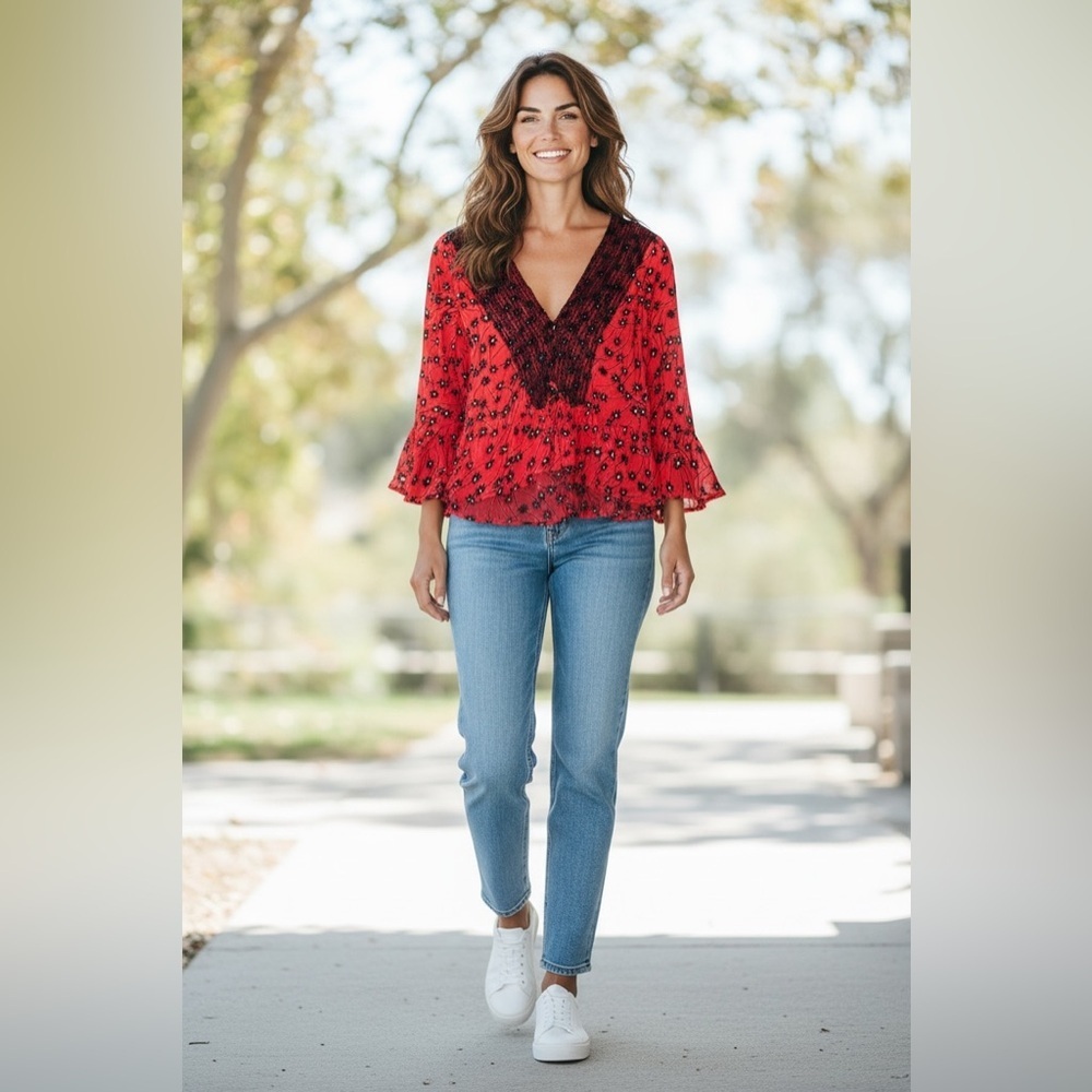 EXPRESS Size Medium Shirt.  3/4 bell sleeves.  Elastic waste. Lace Embellishment
